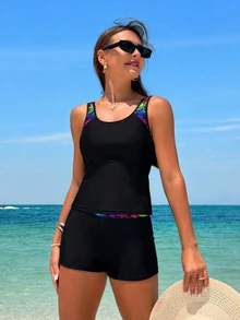 Swim Lushoire 女款夏季海灘熱帶植物印花休閒分體式比基尼套裝 - 黑色 - 查看 9