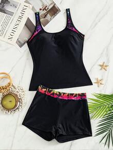 Swim Lushoire 女款夏季海灘熱帶植物印花休閒分體式比基尼套裝 - 黑色 - 查看 3