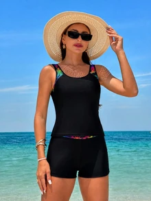 Swim Lushoire 女款夏季海灘熱帶植物印花休閒分體式比基尼套裝 - 黑色 - 查看 8