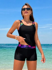 Swim Lushoire 女款夏季海灘熱帶植物印花休閒分體式比基尼套裝 - 黑色 - 查看 1