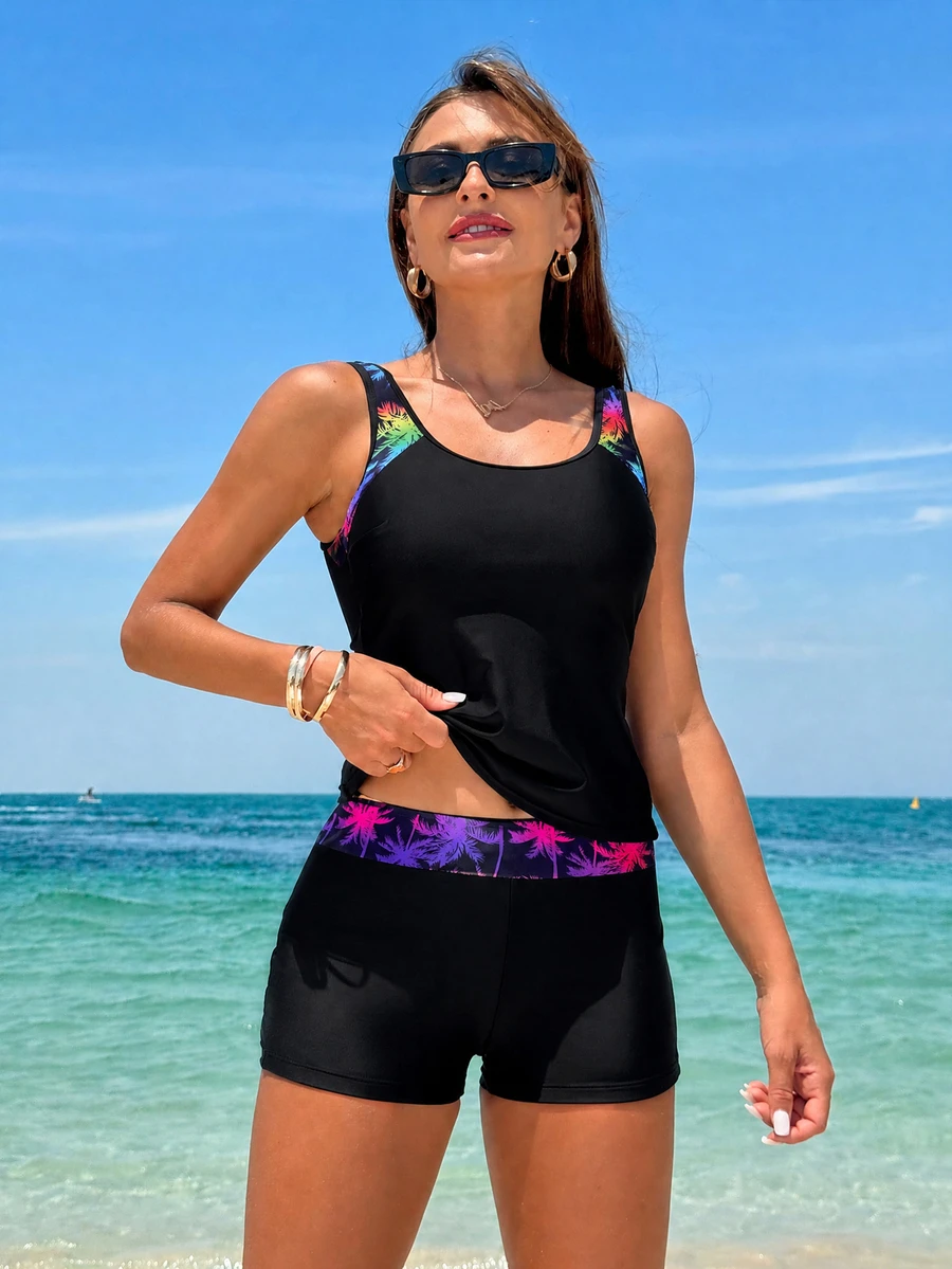 Swim Lushoire 女款夏季海灘熱帶植物印花休閒分體式比基尼套裝 - 黑色 - 查看 1