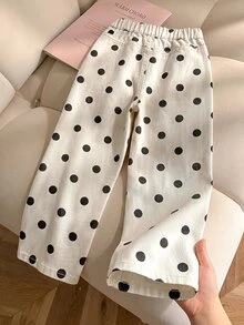 SHEIN Genkimix Kids 女童牛仔長褲 夏季柔軟棉質休閒牛仔女郎風 西部時尚百搭舒適極簡甜美可愛彈性腰黑色 - 彩色 - 查看 2