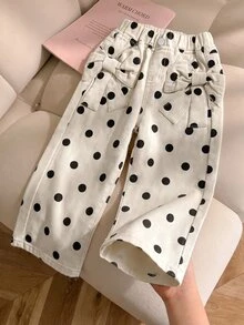 SHEIN Genkimix Kids 女童牛仔長褲 夏季柔軟棉質休閒牛仔女郎風 西部時尚百搭舒適極簡甜美可愛彈性腰黑色 - 彩色 - 查看 1