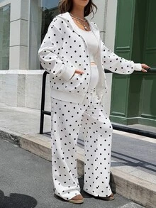 Lyckli Maternity Polka Dot Pattern Zipper Front Hooded Sweatshirt And Adjustable Waist Long Pants Casual 2 Pieces Set Fall - Black and White - View 4