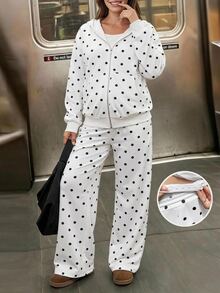 Lyckli Maternity Polka Dot Pattern Zipper Front Hooded Sweatshirt And Adjustable Waist Long Pants Casual 2 Pieces Set Fall - Black and White - View 3