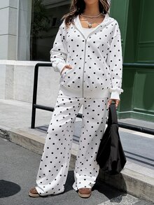 Lyckli Maternity Polka Dot Pattern Zipper Front Hooded Sweatshirt And Adjustable Waist Long Pants Casual 2 Pieces Set Fall - Black and White - View 7
