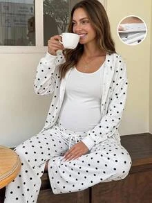 Lyckli Maternity Polka Dot Pattern Zipper Front Hooded Sweatshirt And Adjustable Waist Long Pants Casual 2 Pieces Set Fall - Black and White - View 1