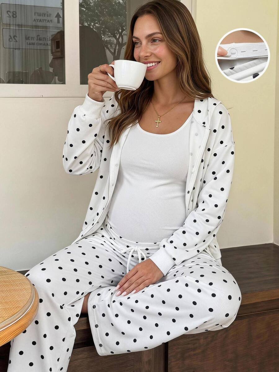 Lyckli Maternity Polka Dot Pattern Zipper Front Hooded Sweatshirt And Adjustable Waist Long Pants Casual 2 Pieces Set Fall - Black and White - View 1