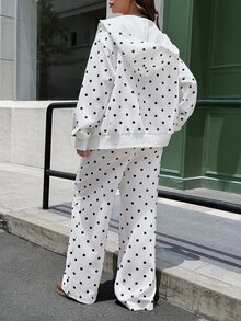 Lyckli Maternity Polka Dot Pattern Zipper Front Hooded Sweatshirt And Adjustable Waist Long Pants Casual 2 Pieces Set Fall - Black and White - View 6