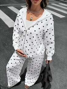 Lyckli Maternity Polka Dot Pattern Zipper Front Hooded Sweatshirt And Adjustable Waist Long Pants Casual 2 Pieces Set Fall - Black and White - View 11