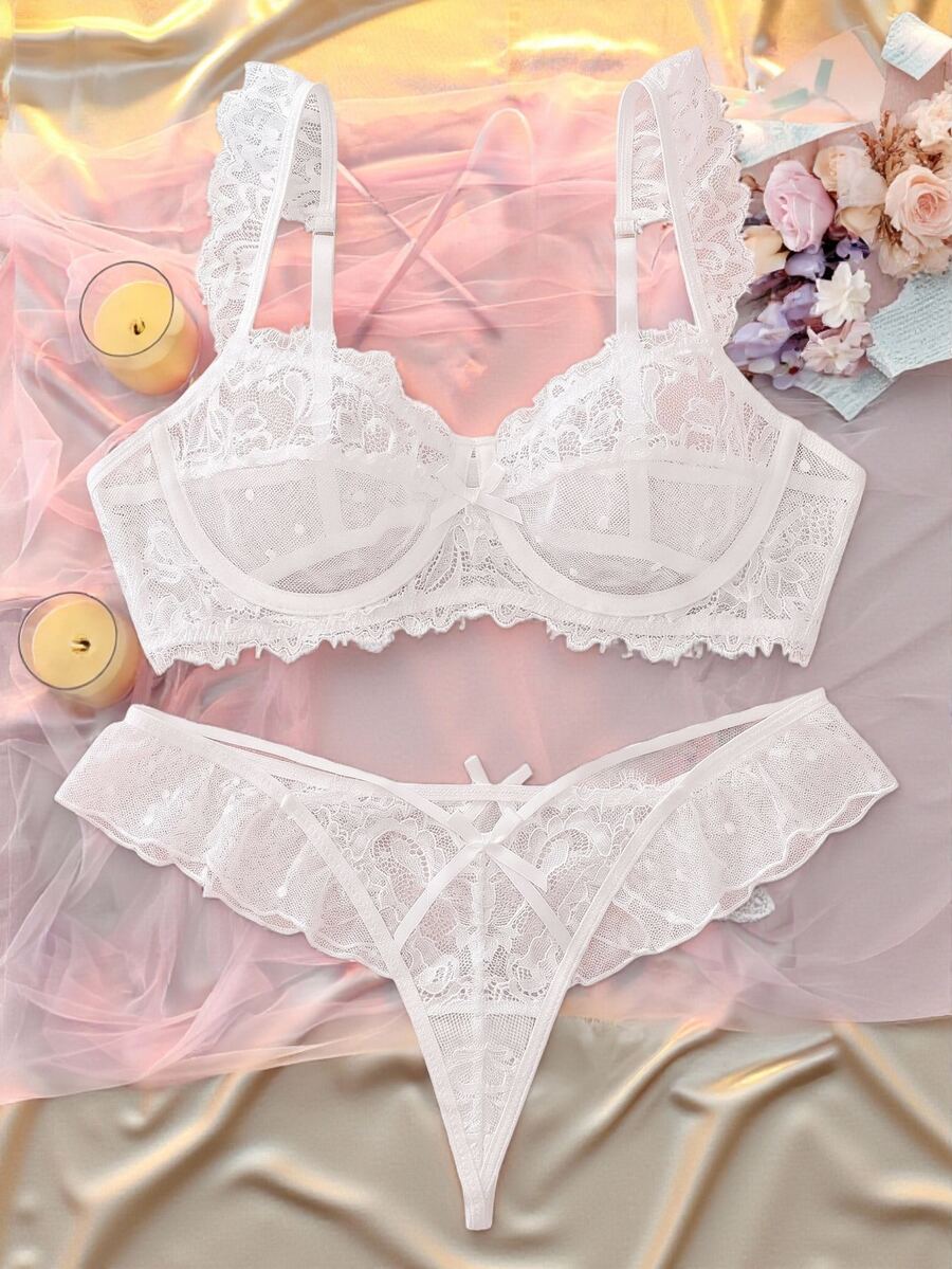Elorette 2件組白色蕾絲拼接鋼圈托高聚攏荷葉邊甜美可愛女款內衣套裝 - 白色 - 查看 1