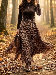 Linhara CURVE Plus Size Women's Fashion Casual Long Sleeve Brown Leopard Print Top And Skirt 2pcs Set, Versatile For Commuting, Outings And Dates - Brown - View 4