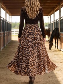 Linhara CURVE Plus Size Women's Fashion Casual Long Sleeve Brown Leopard Print Top And Skirt 2pcs Set, Versatile For Commuting, Outings And Dates - Brown - View 2