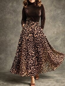 Linhara CURVE Plus Size Women's Fashion Casual Long Sleeve Brown Leopard Print Top And Skirt 2pcs Set, Versatile For Commuting, Outings And Dates - Brown - View 1