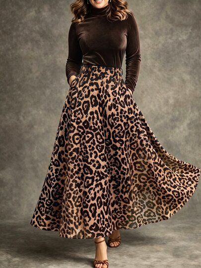 Linhara CURVE Plus Size Women's Fashion Casual Long Sleeve Brown Leopard Print Top And Skirt 2pcs Set, Versatile For Commuting, Outings And Dates