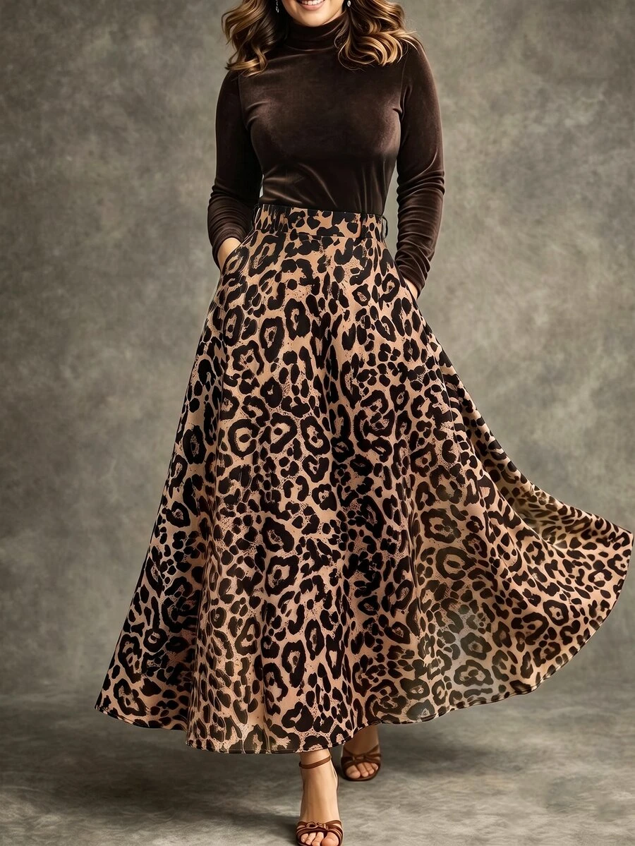 Linhara CURVE Plus Size Women's Fashion Casual Long Sleeve Brown Leopard Print Top And Skirt 2pcs Set, Versatile For Commuting, Outings And Dates - Brown - View 1