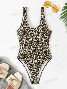 Swim Lushoire Summer Beach Leopard Printed Backless One-Piece Swimsuit - Multicolor - View 3