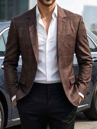 Manfinity Mode Men's Autumn Tartan Jacquard Lapel Neck Single-Breasted Fashion Suit Blazer, Prom Blazer, Brown Blazer Men Tuxedo For Ceremony, Formal