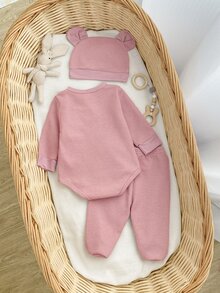SHEIN 1套新生兒長袖連身衣與包腳褲居家服套裝，附可愛帽子，可愛熊刺繡圖案，新生兒最佳禮物 - 淺粉色 - 查看 3