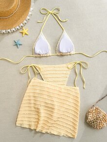 Sirith Women Yellow Summer Casual Holiday Vacation 3-Piece Bikini Set,Starfish Decor Textured Halter Neck Tie Top,Side Tie Pants & Pleated Skirt Bathing Suit - Yellow - View 4