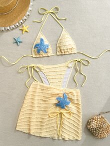 Sirith Women Yellow Summer Casual Holiday Vacation 3-Piece Bikini Set,Starfish Decor Textured Halter Neck Tie Top,Side Tie Pants & Pleated Skirt Bathing Suit - Yellow - View 2