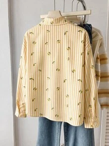 SHEIN 青少年女孩秋季新款黃色條紋櫻桃圖案寬鬆長袖襯衫 開學季禮物 可愛校園女孩風 - 黃色 - 查看 2