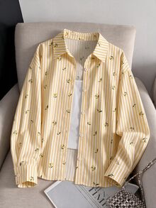 SHEIN 青少年女孩秋季新款黃色條紋櫻桃圖案寬鬆長袖襯衫 開學季禮物 可愛校園女孩風 - 黃色 - 查看 5