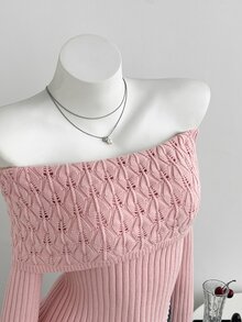 Elamini 女款秋冬露肩花卉鏤空不對稱設計修身甜美風百搭針織長袖毛衣 - 粉色 - 查看 5