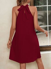 SHEIN VCAY Women's Sleeveless Textured Striped Short Halter Neck Fashion Dress - Burgundy - View 2