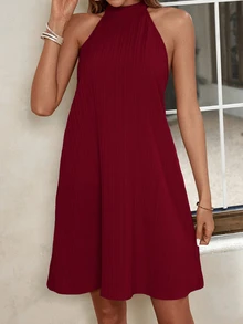 SHEIN VCAY Women's Sleeveless Textured Striped Short Halter Neck Fashion Dress - Burgundy - View 3