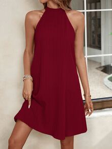 SHEIN VCAY Women's Sleeveless Textured Striped Short Halter Neck Fashion Dress - Burgundy - View 6