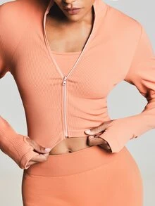 11SKNDS Ribbed Zip-Up Cropped Sports Jacket With Mock Neck Long Sleeves And Thumbhole Cuffs Slim Fit Activewear Layer With Sweat-Wicking & Breathable, For Gym Workout Fitness, Running, Training & Hy-Rox - Orange - View 4