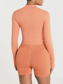 11SKNDS Ribbed Zip-Up Cropped Sports Jacket With Mock Neck Long Sleeves And Thumbhole Cuffs Slim Fit Activewear Layer With Sweat-Wicking & Breathable, For Gym Workout Fitness, Running, Training & Hy-Rox - Orange - View 3