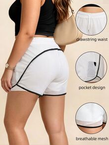 SHEIN Rhythm Era Women's Plus Size Casual Alternative Kawaii Drawstring Waist Double Layer Sports Shorts Gym Fair Black And White Summer - White - View 1