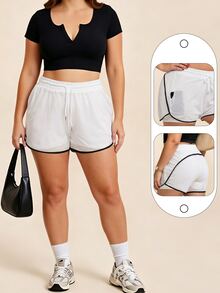 SHEIN Rhythm Era Women's Plus Size Casual Alternative Kawaii Drawstring Waist Double Layer Sports Shorts Gym Fair Black And White Summer - White - View 2