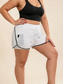 SHEIN Rhythm Era Women's Plus Size Casual Alternative Kawaii Drawstring Waist Double Layer Sports Shorts Gym Fair Black And White Summer - White - View 3