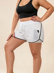 SHEIN Rhythm Era Women's Plus Size Casual Alternative Kawaii Drawstring Waist Double Layer Sports Shorts Gym Fair Black And White Summer - White - View 5