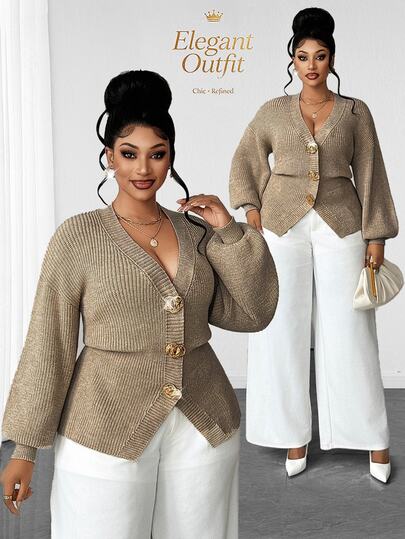 Maweii Women's Fall V-Neck Dropped Shoulder Lantern Long Sleeve Metal Button Cinched Waist French Casual Elegant Holiday Date Party Romantic Khaki Sweater