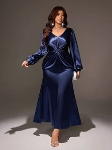 Roveilla V-Neck Long Sleeve Twist Waist High Slit Satin Mermaid Maxi Dress Plus Size Fall Christmas Formal Wedding Navy Blue Elegant - Blue - View 8