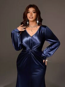 Roveilla V-Neck Long Sleeve Twist Waist High Slit Satin Mermaid Maxi Dress Plus Size Fall Christmas Formal Wedding Navy Blue Elegant - Blue - View 6