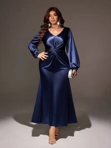Roveilla V-Neck Long Sleeve Twist Waist High Slit Satin Mermaid Maxi Dress Plus Size Fall Christmas Formal Wedding Navy Blue Elegant - Blue - View 4