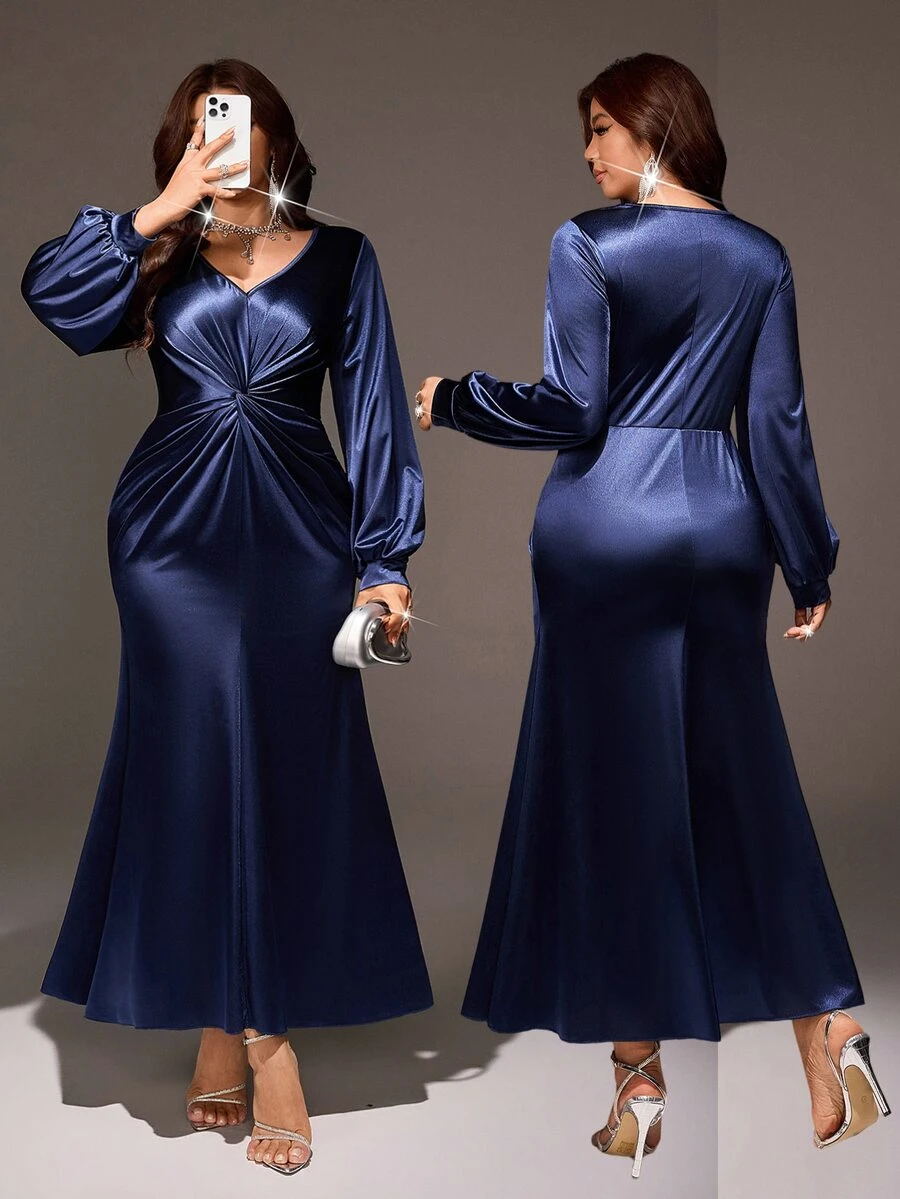 Roveilla V-Neck Long Sleeve Twist Waist High Slit Satin Mermaid Maxi Dress Plus Size Fall Christmas Formal Wedding Navy Blue Elegant - Blue - View 1