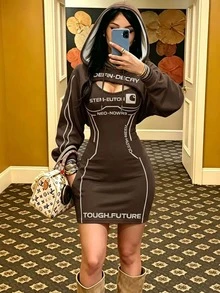 Rovax 女款字母印花洋裝與抽繩連帽長袖上衣2件套 - 咖啡棕 - 查看 3