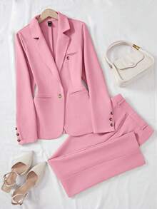 Franclia Solid Color Single-Breasted Long Sleeve Suit Jacket And Pants, Elegant Suit Set Fall Cloth For Women - Pink - View 8