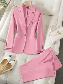 Franclia Solid Color Single-Breasted Long Sleeve Suit Jacket And Pants, Elegant Suit Set Fall Cloth For Women - Pink - View 1