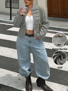 Muchica Plus-Size Gray-Green Streetwear Style Retro Double-Breasted Zip-Up Long-Sleeved Corduroy Jacket, Napoleon Style. Fall - Olive Green - View 4