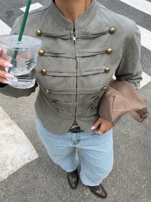 Muchica Plus-Size Gray-Green Streetwear Style Retro Double-Breasted Zip-Up Long-Sleeved Corduroy Jacket, Napoleon Style. Fall - Olive Green - View 8
