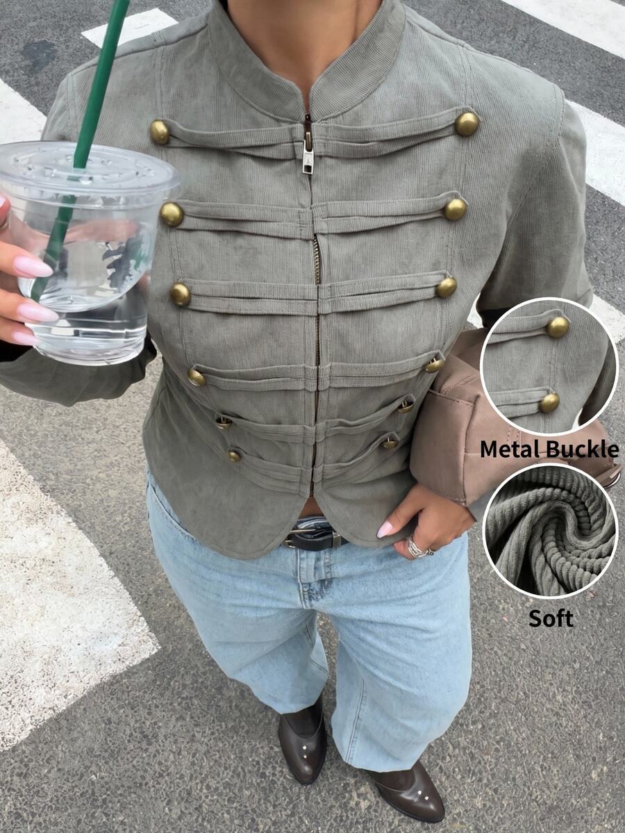 Muchica Plus-Size Gray-Green Streetwear Style Retro Double-Breasted Zip-Up Long-Sleeved Corduroy Jacket, Napoleon Style. Fall - Olive Green - View 1