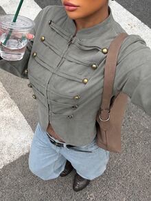 Muchica Plus-Size Gray-Green Streetwear Style Retro Double-Breasted Zip-Up Long-Sleeved Corduroy Jacket, Napoleon Style. Fall - Olive Green - View 9