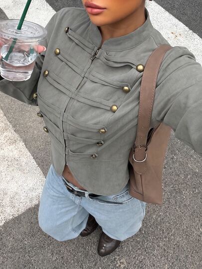 Muchica Plus-Size Gray-Green Streetwear Style Retro Double-Breasted Zip-Up Long-Sleeved Corduroy Jacket, Napoleon Style. Fall